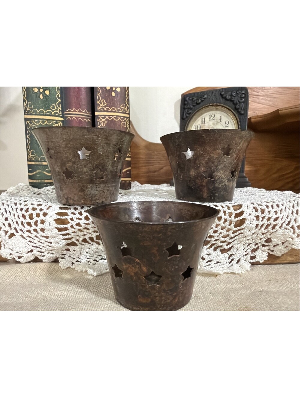 Vintage Metal star cutout votive candle holder Set Of 3 Celestial Fairy Cottage